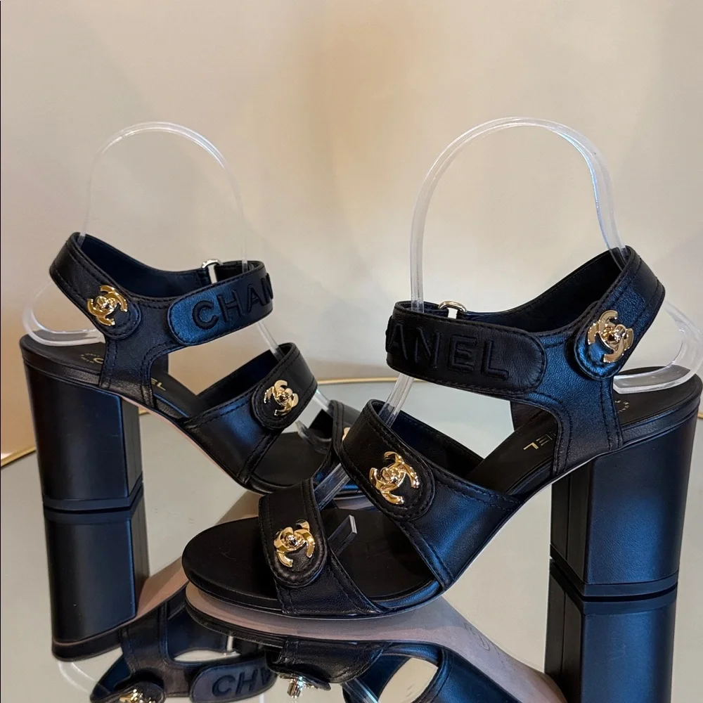 CHANEL Black leather logo Gold Turn-lock heeled sandals size 36.5 - Picture 10 of 17